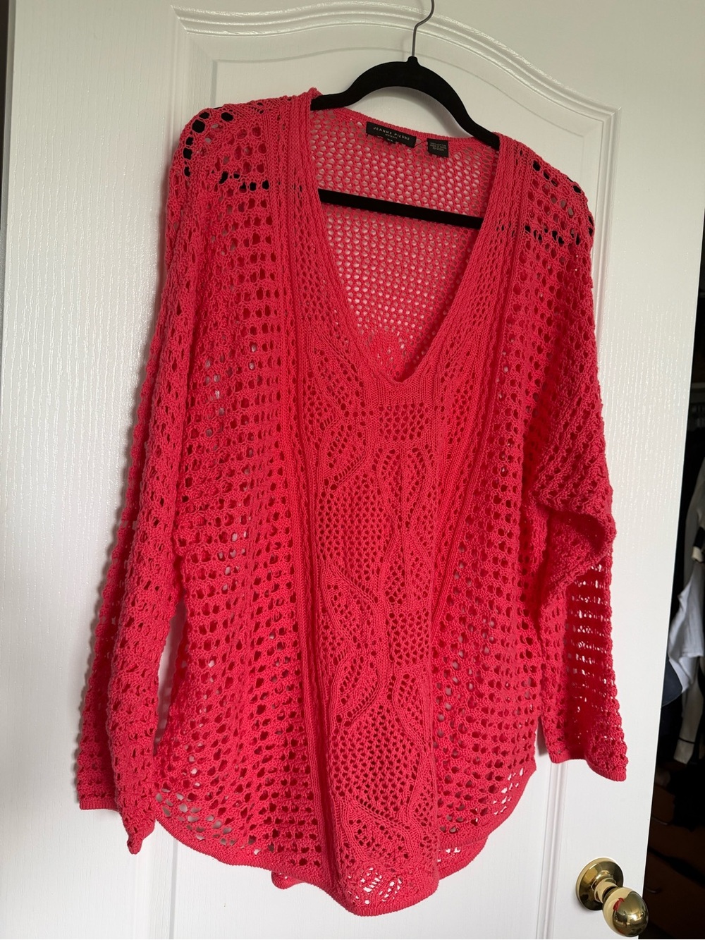 JEANNE PIERRE Open-Knit V-Neck Sweater in Coral Pink